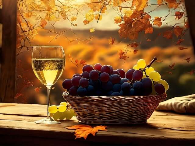 bicchiere di vino e cesto d'uva
